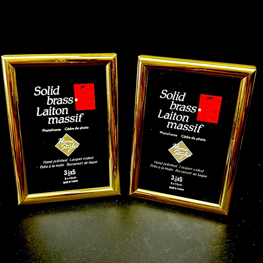 Vintage pair of solid brass 3 1/2 x 5  hand polished lacquer coated frames